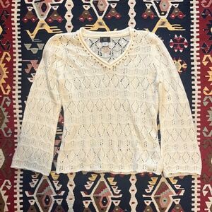 Cream Bell Sleeve Knit Top Fairycore Embellished Studded Neckline - Medium